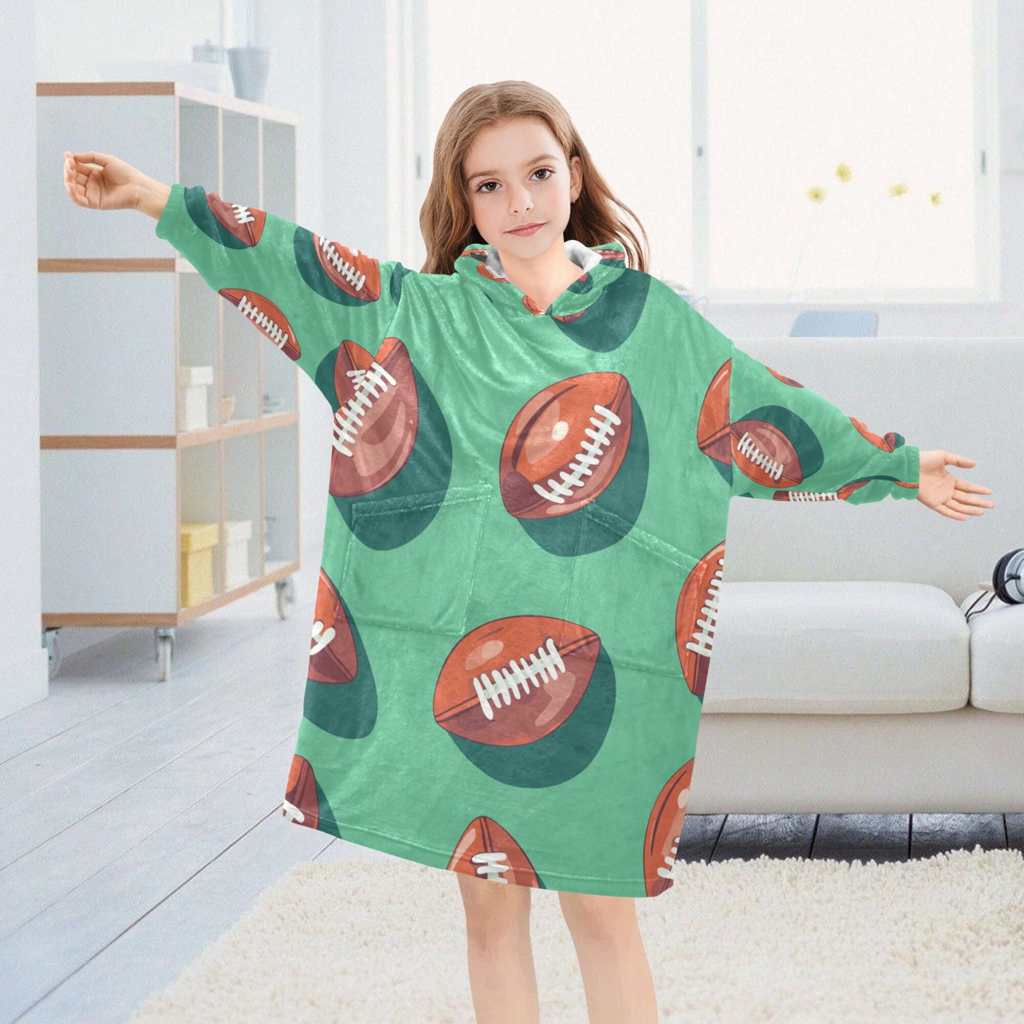 FORMRS Wearable Blanket Hoodie with Sleeves for Kids Cozy Flannel Sweatshirt, Brown American Footballs