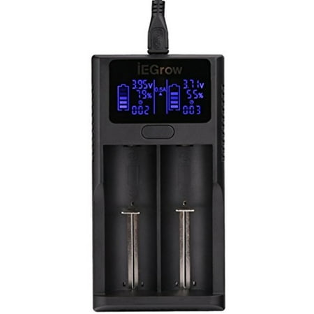 iEGrow 2-Bay Smart Battery Charger with LCD Display for 18650, 26650, 18500, 18350, 17670, 17500, 16340, 14500, 10440 3.7V Lithium