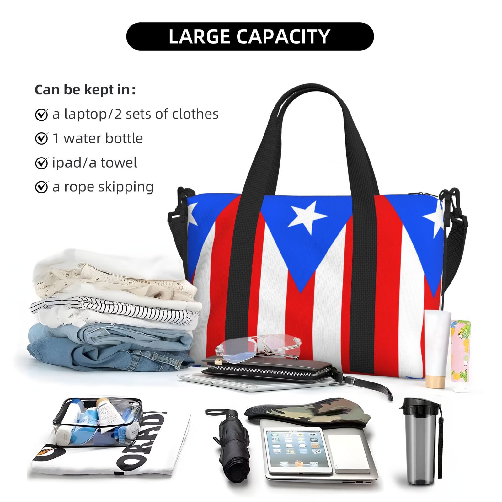 Women Men Pr Puerto Rico-Flag Gym Duffel Bag Travel Carry On Weekender Overnight Tote Personal Item Bag