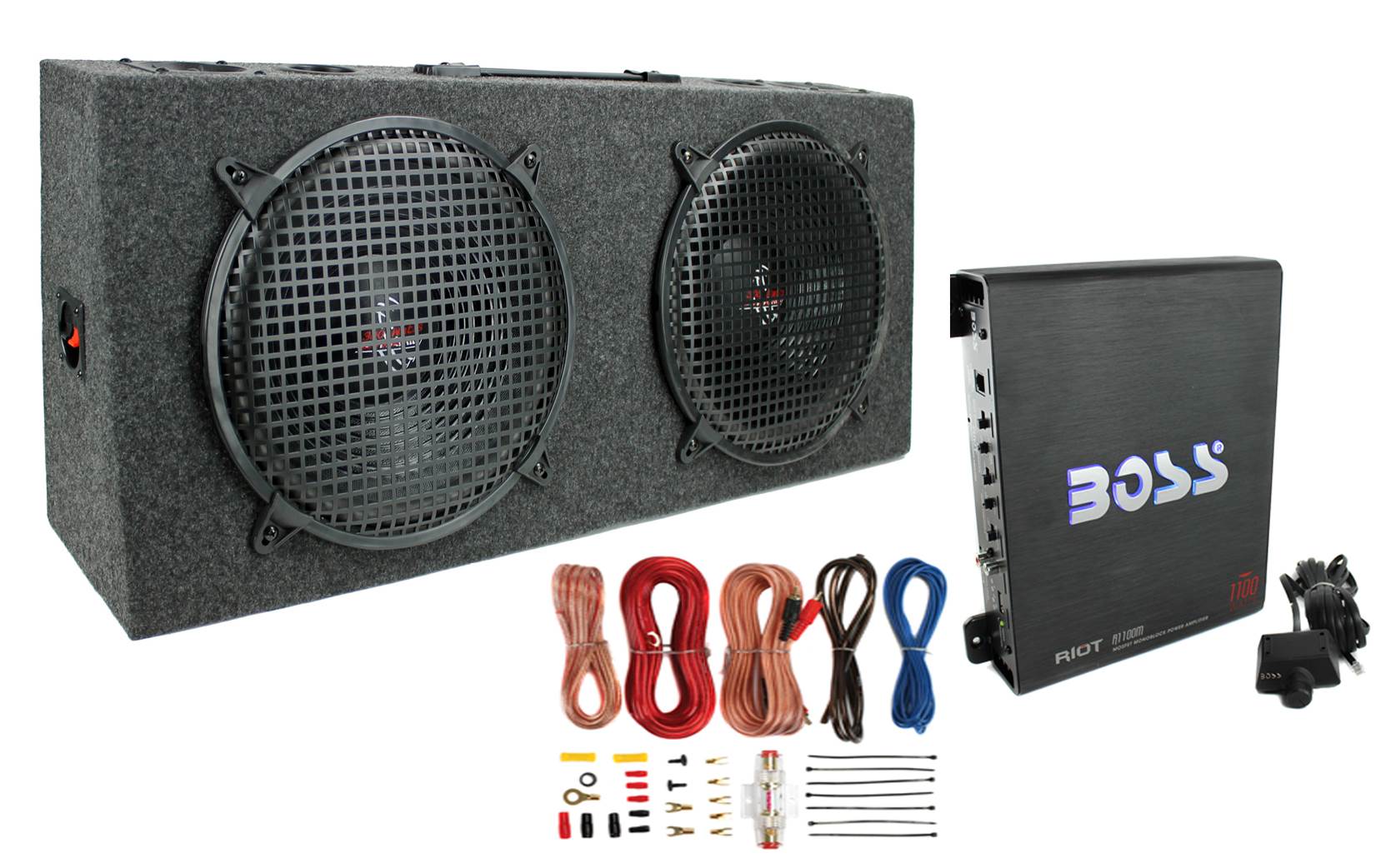 Pyramid PP12 Dual 12" 300W Subs Car Subwoofers + Monoblock R1100M Amp