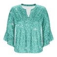 thumbnail image 5 of Mint Lime Green Ladies Ruffle 3/4 Length Bell Sleeve Top Flower Graphic Loose Fit Blouses for Women Vneck Lounge Pleated Fall Summer Shirts 2025 Clothing XXL, 5 of 5