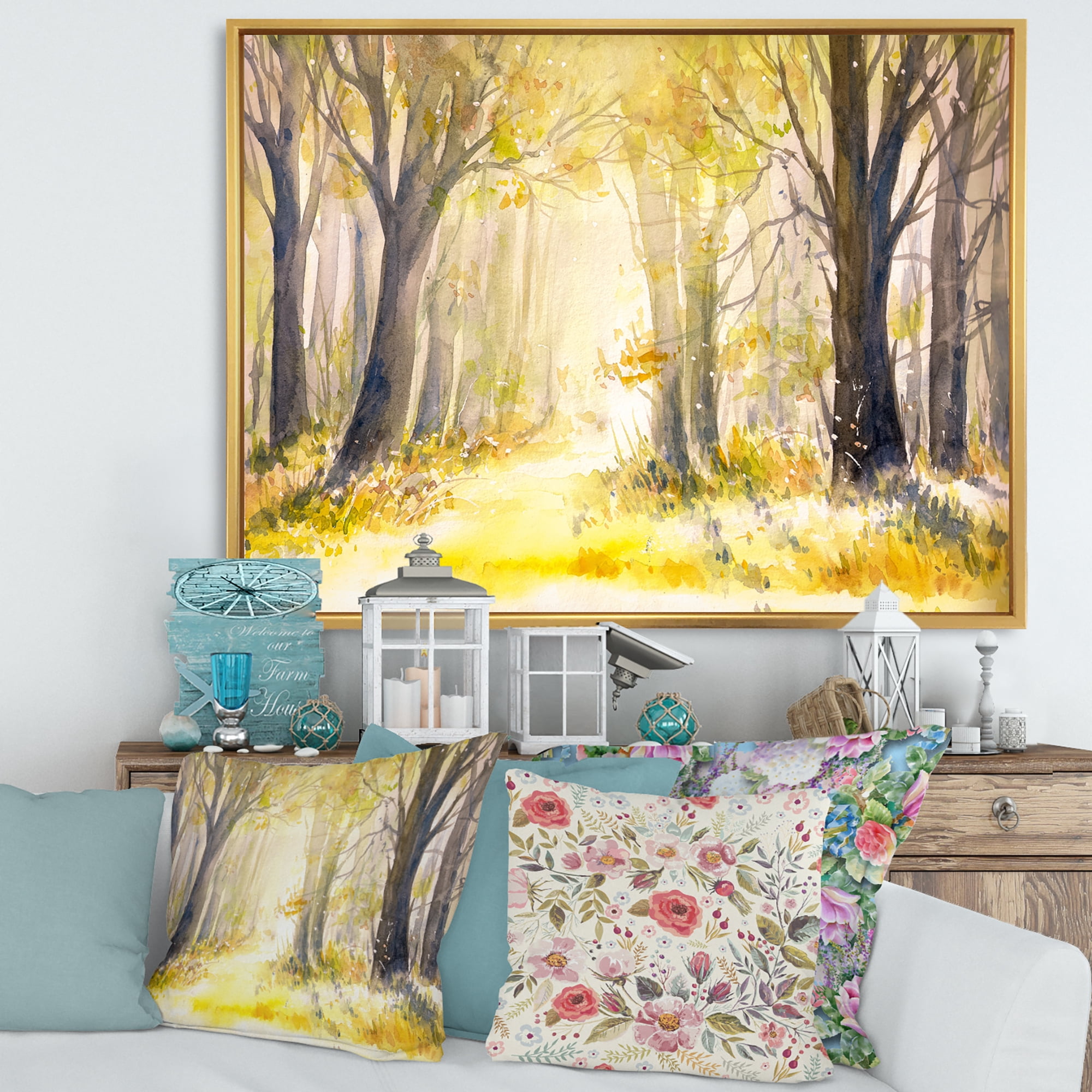 Designart 'Bright Sunshine Through The Yellow Forest Trees I' Traditional Framed Canvas Wall Art Print