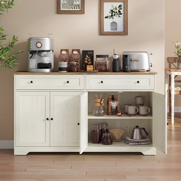 VASAGLE Buffet Cabinet, Sideboard, 4 Doors, 55.1 x 15.7 x 31.5 Inches, Rustic White, Honey Brown