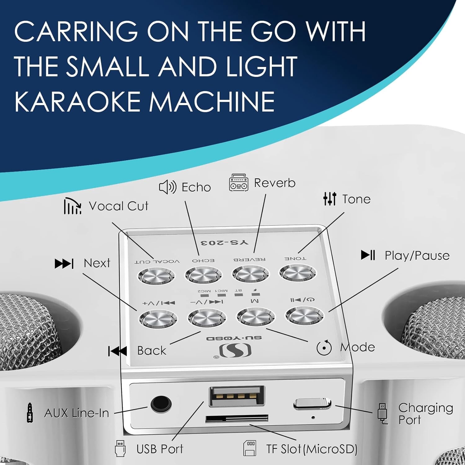 Karaoke Machine with 2 Wireless Mics, Portable Bluetooth Speaker for TV Singing, Home Party & Gifts for Adults, Kids, Boys & Girls White