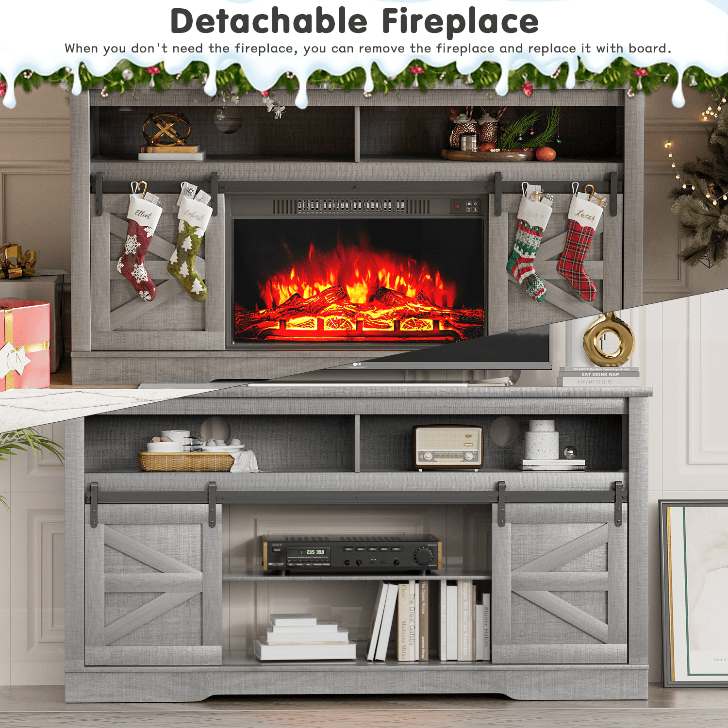 Homall Modern Farmhouse TV Stand with Electric Fireplace Media Storage TV Console Sliding Cabinet Doors,Gray