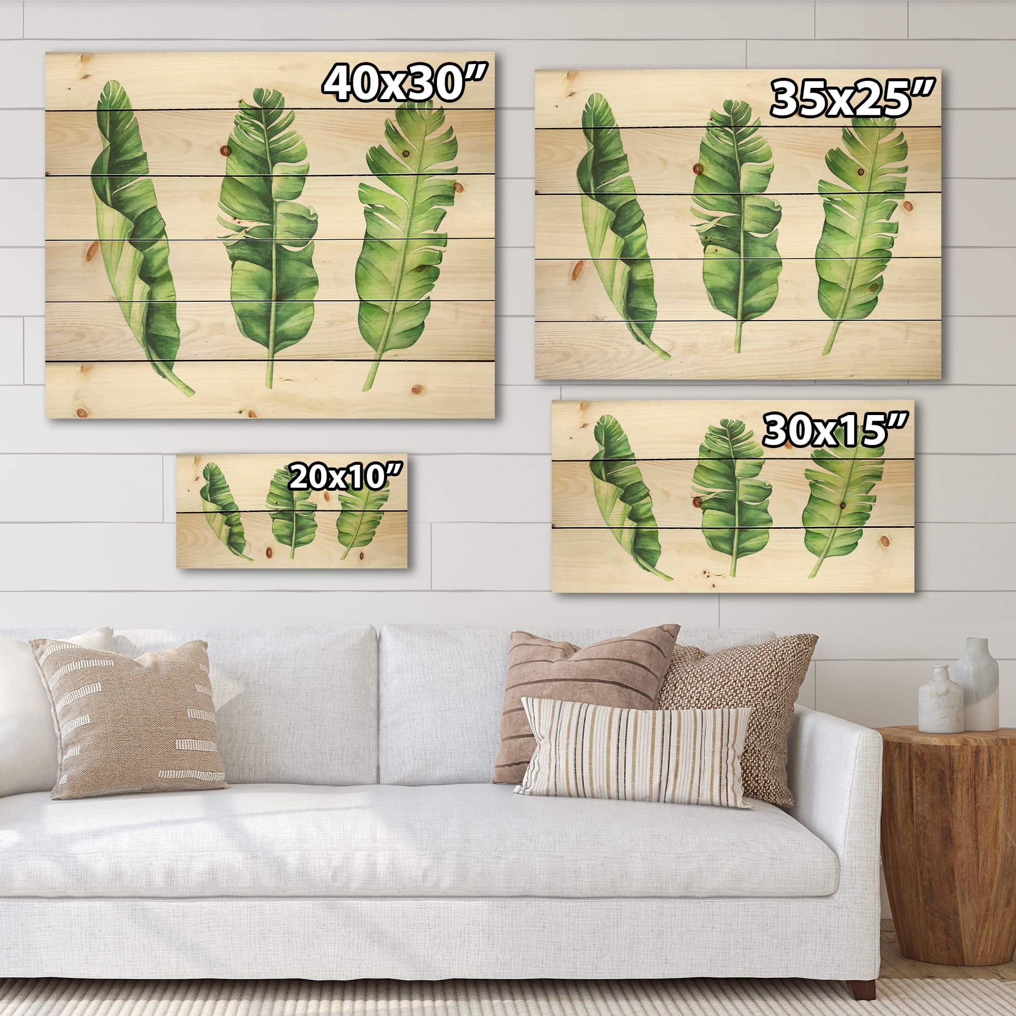 Designart 'Tropical Banana Leaves Set On White' Farmhouse Print on Natural Pine Wood