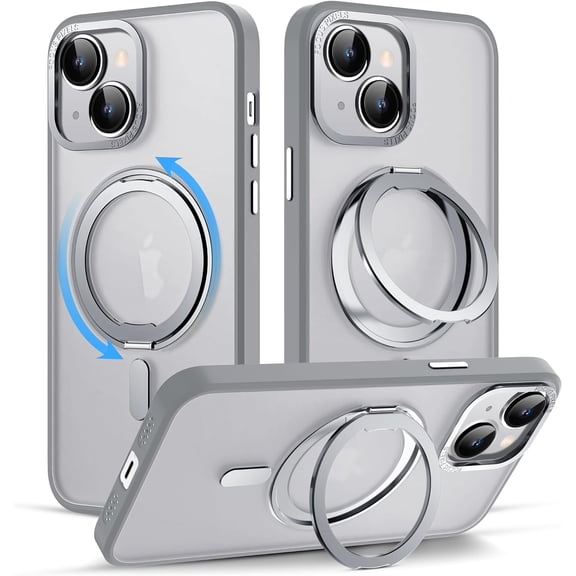 for iPhone 15 Plus Case with 360° Rotatable Magnetic Ring Stand [Compatible with Mag-Safe][Military-Grade Protection] Yellowing Resistant Clear Magnetic Phone Case for iPhone 15 Plus,Grey