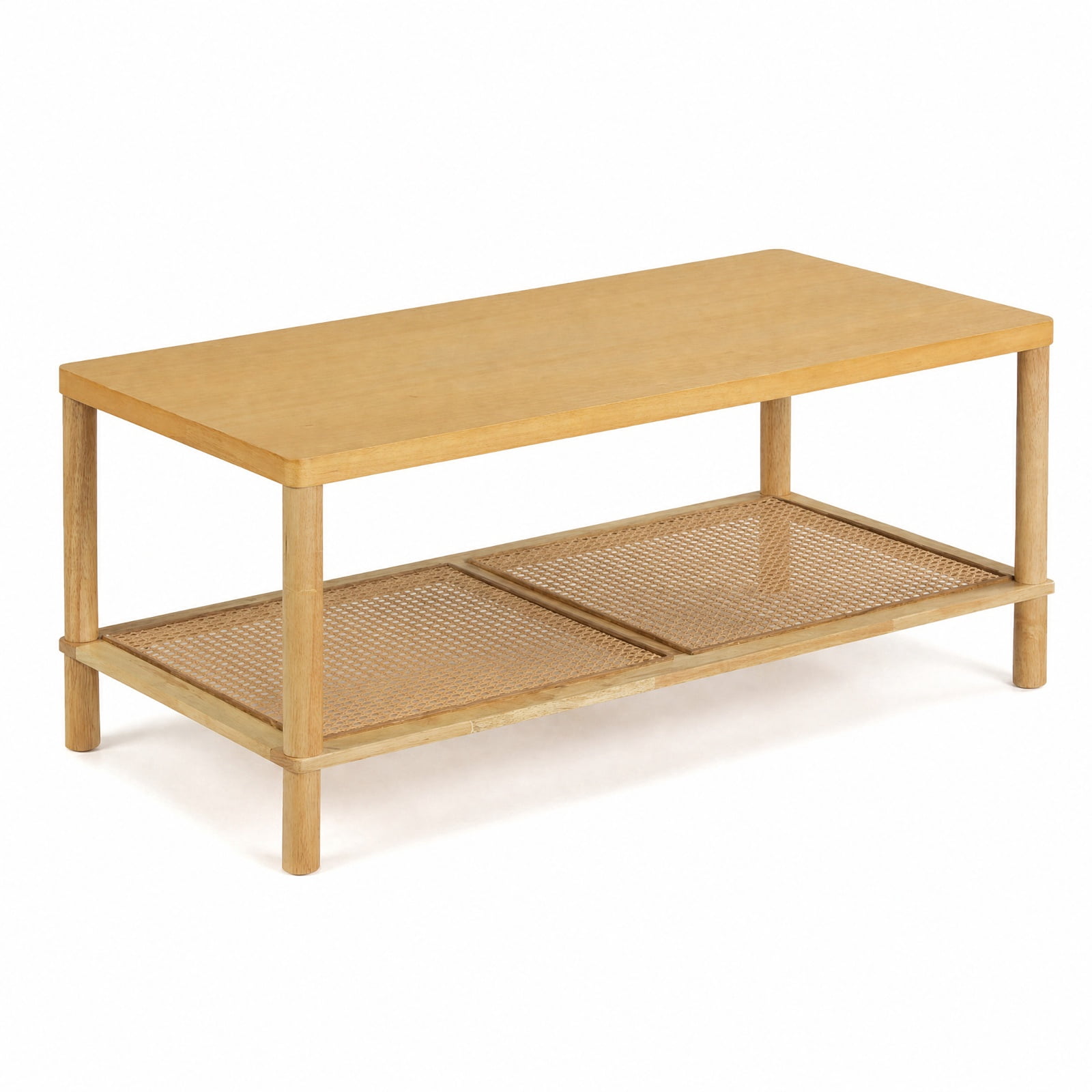 Furnibear 2 Tier Boho Rectangular Coffee Table with Rubber Wood Frame and Faux Rattan Open Storage Shelf for Living Room Home Office, Natural