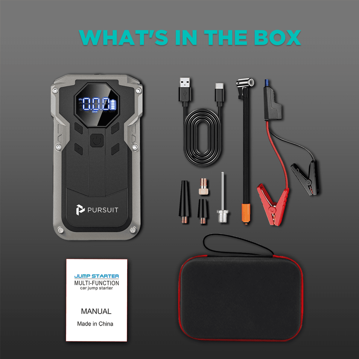 Pursuit 94000mAh Car Jump Starter with Air Compressor, 150PSI Portable Car Battery Jump Pack(8.0L Gas/3L Diesel) with Digital Tire Inflator, 12V Jump Box Car Booster Power Bank with LED Light
