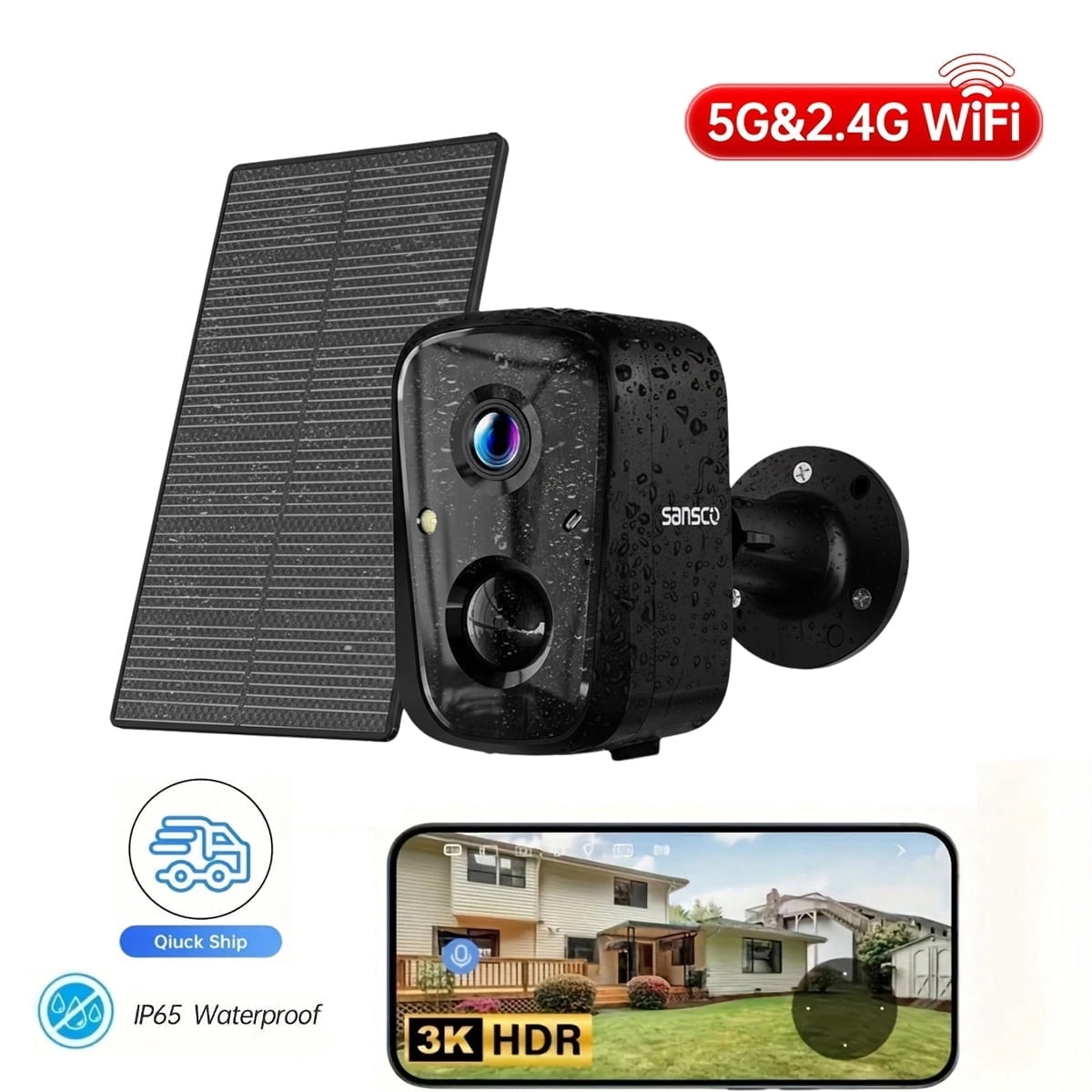 Solar Security Camera, 4MP Battery Powered, 2.4/5GHz WiFi, PIR AI Motion Detection, IP66 Waterproof, Color Night Vision, 2-Way Audio, Cloud/SD