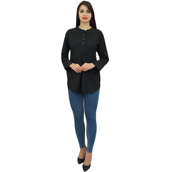 Phagun Women Summer Tunic With Box Pleat Long Sleeve Black Top Casual Blouse - 4