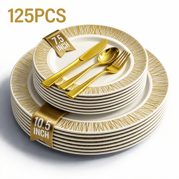 MQOALA 125 Gold Dinnerware Set for 25 Guests, Wedding Disposable Dinnerware , Including 25 Disposable Plastic Plates, 25 Dessert Plates, 25 Forks, 25 Spoons, 25 Knives, BPA-free