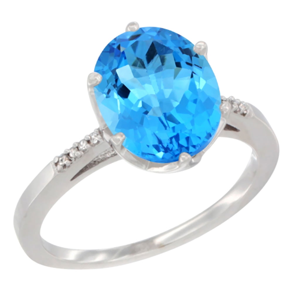 10K White Gold Natural Swiss Blue Topaz Ring 10x8 mm Oval Diamond Accent, sizes 5 10 by WorldJewels
