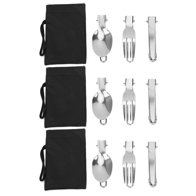 Juego de 3 cubiertos plegables portátiles de acero inoxidable, cuchara, tenedor y cuchillo para picnic y cena.
