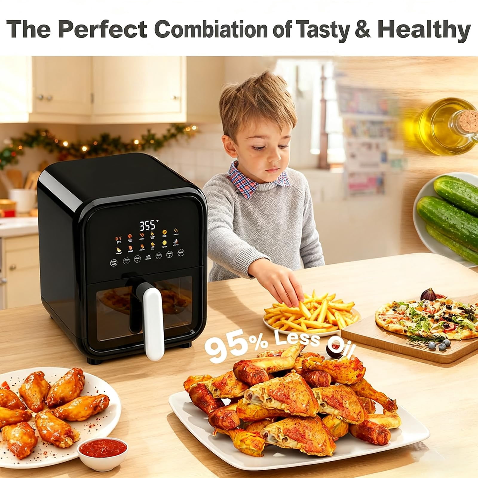 Plum Chef 7.5-Quart Air Fryer with Easy-View Window, 12-in-1 Large Digital Airfryer with Rapid Air Technology, 1800W, Black