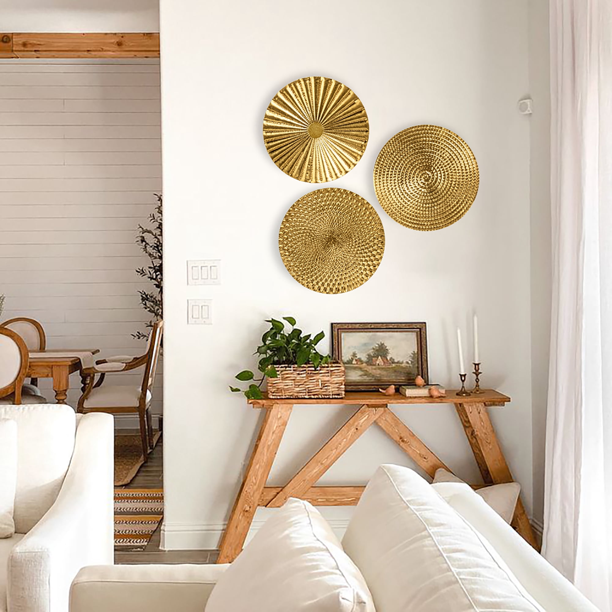 3Pcs 12" Gold Wall Decor Metal Starbursts Radial Plate Wall Art Modern Accent Hanging Wall Decorations