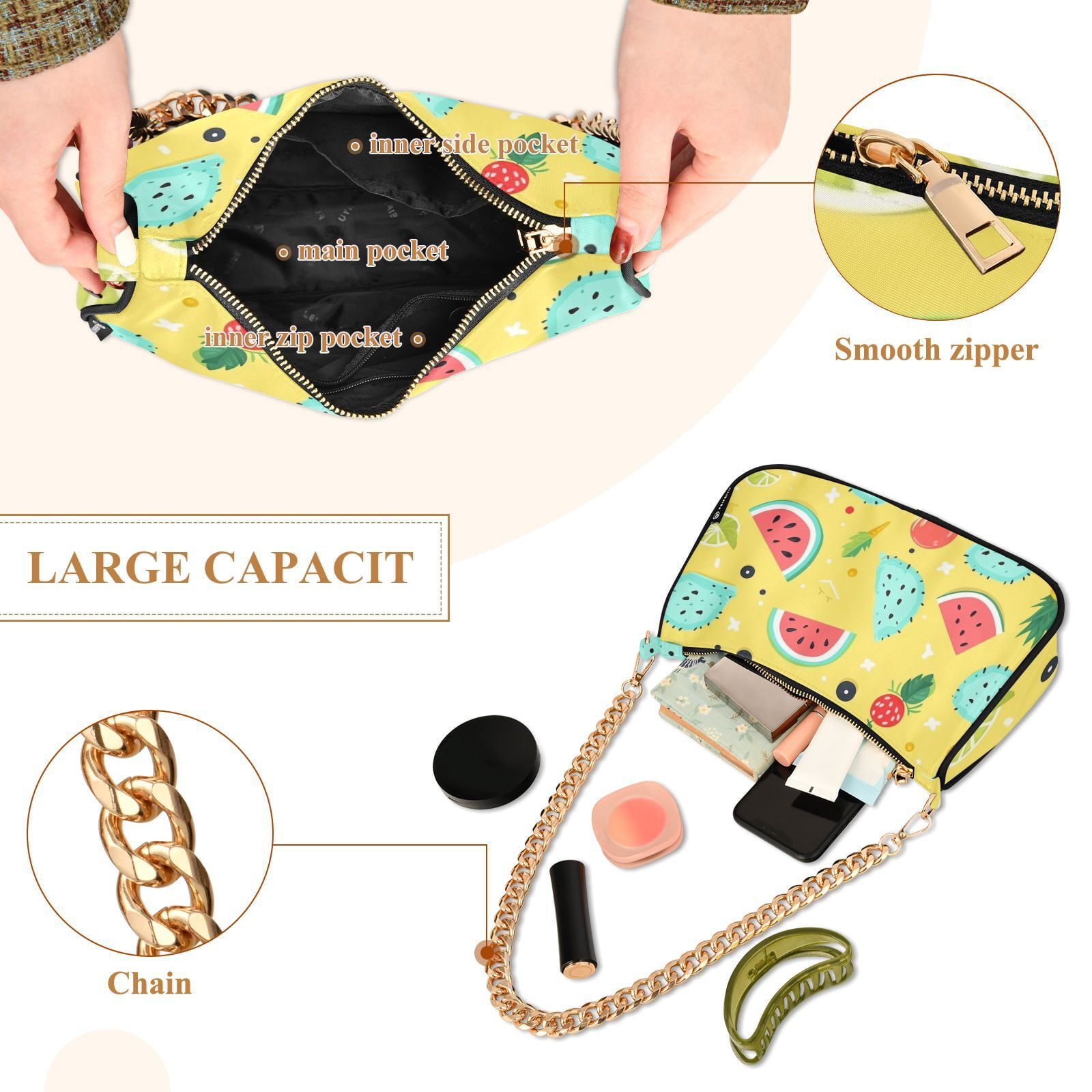 Watermelons Lemons CactusWomen Small Shoulder Bag Crossbody Tote Hobo Bags Purse Clutch Handbags with Chain Strap for Women