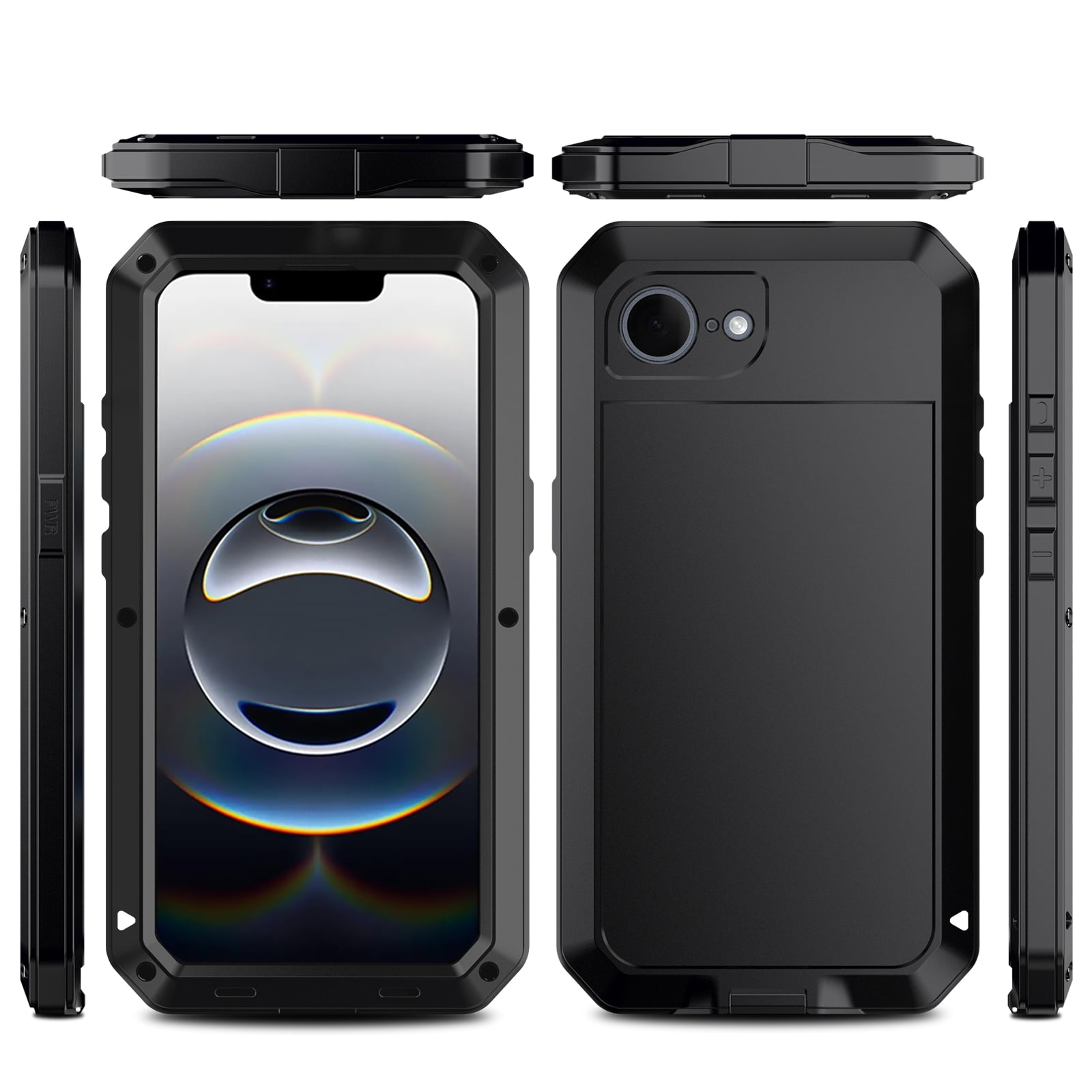for iPhone 16e Case, 360 Full Body Protective Cover Heavy Duty Shockproof Armor Aluminum Alloy Metal Case with Silicone Built-in Screen Protector for iPhone 16e, Black