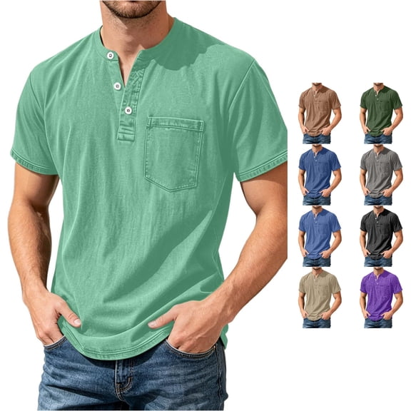 JAJAHO Mens Henley T Shirt Casual Pocket Tee Summer Short Sleeve Solid Color Loose Fit Tshirts Comfy Tops