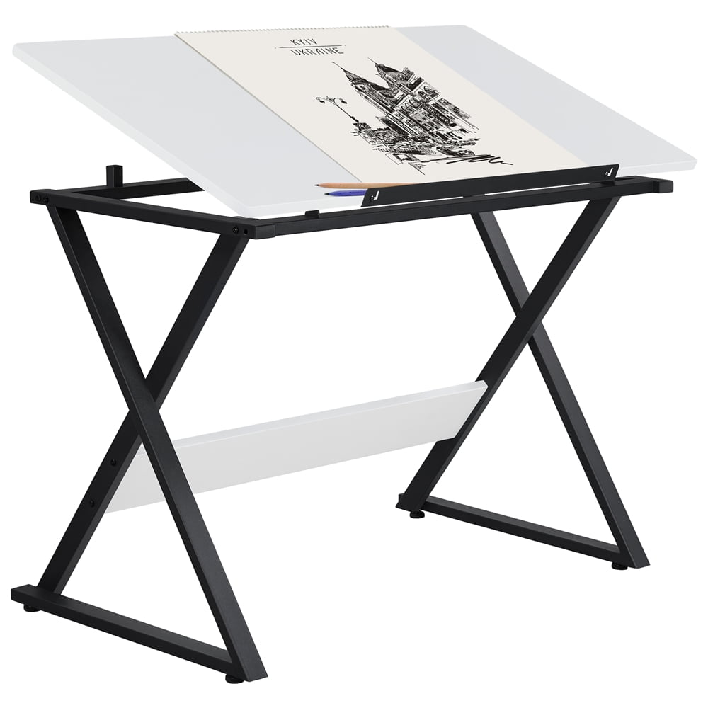 Pen Holder Drawing Drafting Table Craft Versatile Desk Tabletop Tilted Adjustable Folding/Extended Board Artist Desk,w/Stool,2 Storage Drawers,Shelf Storage Slot,Glass/Black