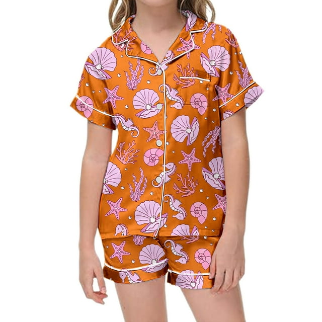 Ensemble de Pyjama en Satin pour Filles Classique avec Haut à Manches Courtes Élégant et Shorts Confortables