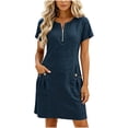 thumbnail image 2 of Summer Womens Dress 100% Cotton Round Neck Pocket Zipper Collar Short Sleeve Mini Dress, 2 of 8