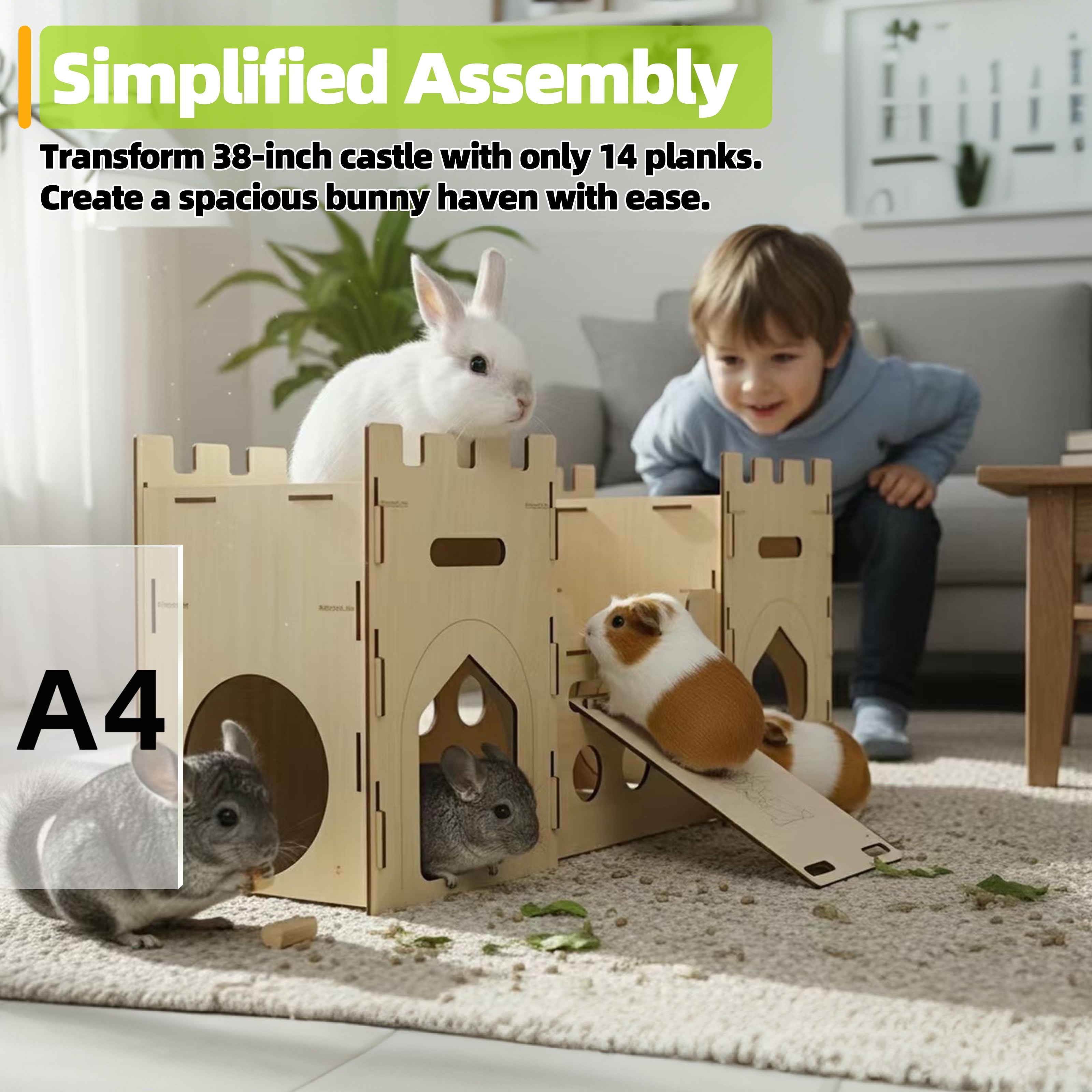 HIIMALEX Extra Large Wooden Bunny Castle House Multistory Climbing Tower Hideout Ventilated Sturdy Habitat for Rabbit Guinea Pig Chinchilla Ferret (T1 Castle)