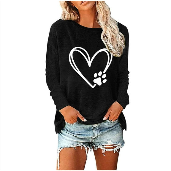 Womens Sweatshirts Spring Fall Crewneck Long Sleeve Heart Paw Print Love Heart Graphics Cute Pullover Casual T-Shirts Tee Top for Dog Pet Lover