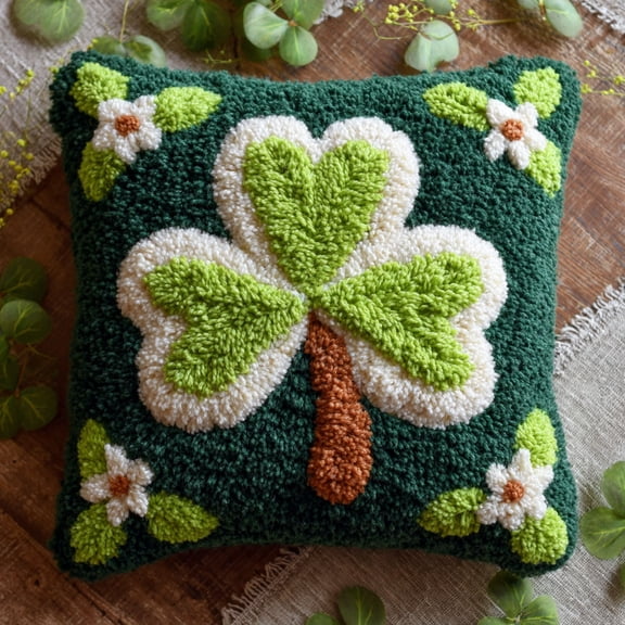 Latch Hook Pillow Kits Green four-leaf clover Embroidery Latch Hooking Crochet Kits 17x17inch