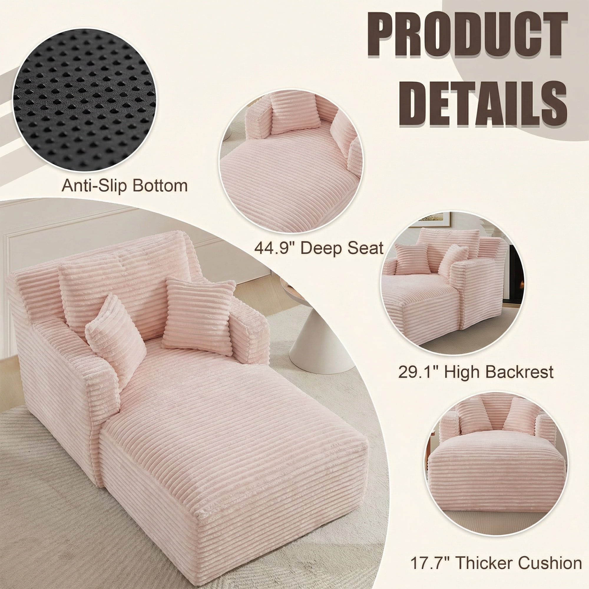 Kosynda 65"D Oversized Chaise Lounge Chair Indoor, Corduroy Upholstered Boneless Sofa Bed with 3 Pillows for Living Room, Pink