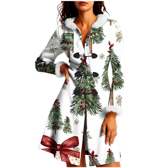Christmas Mid Length Winter Coat for Women Graphic Long Sleeve Crewneck Button Down Party Print Jacket Green 2XL