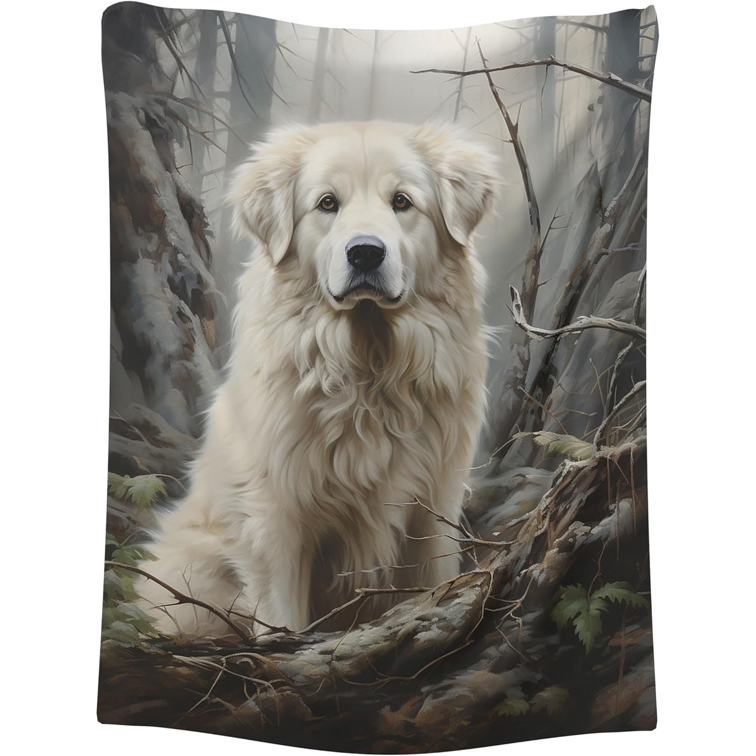 1pc Great Pyrenees Dog Blanket - Flannel All-Season Soft Hypoallergenic Throw & Bedspread, Vintage Forest Print Design, Machine Washable Cozy Gift for Dog Lovers, Pet Blanket, Hypoallergenic Material