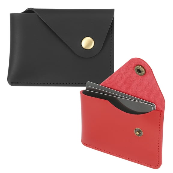 Uxcell Slim Leather Card Holder with Snap Closure, 2 Pcs Leather Front Pocket Wallet Card Case Holder for Cash Coin Men and Women Business Office, Black/Red