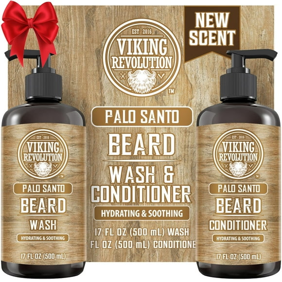 Viking Revolution Ensemble de Nettoyant pour Barbe au Palo Santo et Revitalisant pour Barbe avec Huiles d'Argan et de Jojoba - Adoucit et Fortifie - Parfum Naturel de Palo Santo - B
