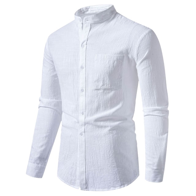 2025 Camisa de manga larga de algodón y lino liso para hombre: corte holgado, botones, informal para la playa o acampadas