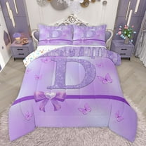 Manfei Purple Bow Butterfly 2pcs Bedding Comforter Set for Children Kids Teens,Letter Monogrammed Initial D Twin Comforter Sets,Bling Glitter Breathable Bedding Set,Graffiti Splash Home Decor