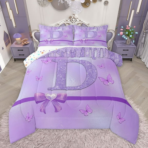 Manfei Purple Bow Butterfly 2pcs Bedding Comforter Set for Children Kids Teens,Letter Monogrammed Initial D Twin Comforter Sets,Bling Glitter Breathable Bedding Set,Graffiti Splash Home Decor
