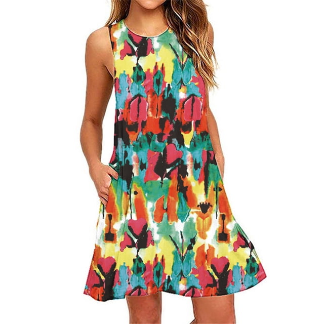 EQWLJWE Robe Longue pour Femmes Robes d'Été Femmes Robe de Plage Florale Sans Manches Robe Décontractée avec Poches Robe Boho