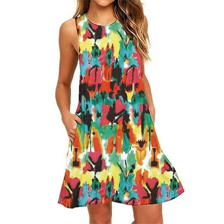 

YanHoo Women s Summer Sundress Dresses Casual Sleeveless Crew Neck Tank Loose Beach Print Mini Dress with Pockets