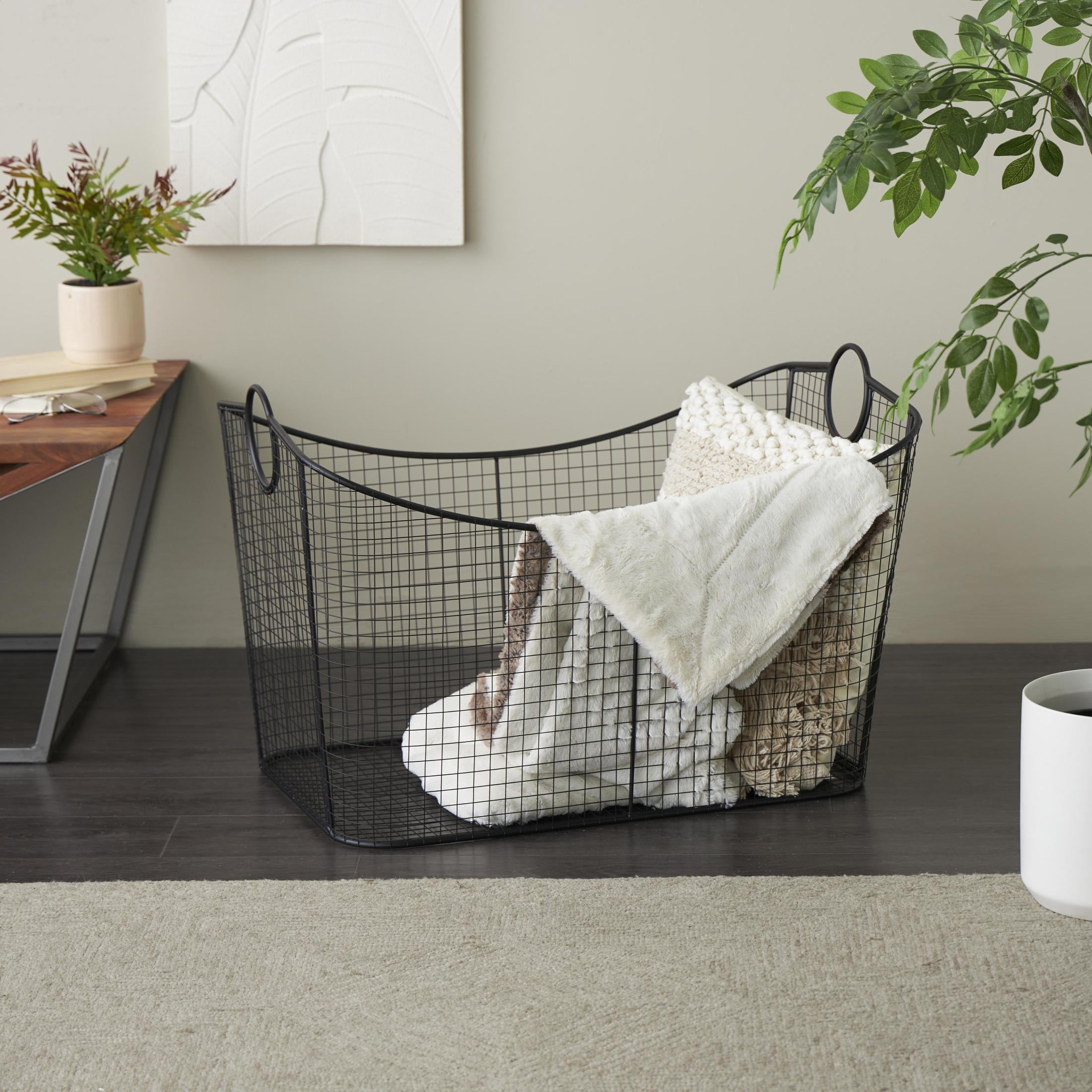 DecMode 30" x 20" Black Metal Large Open Frame Wire Grid Storage Basket with Curved Sides and Ring Handles, 1-Piece