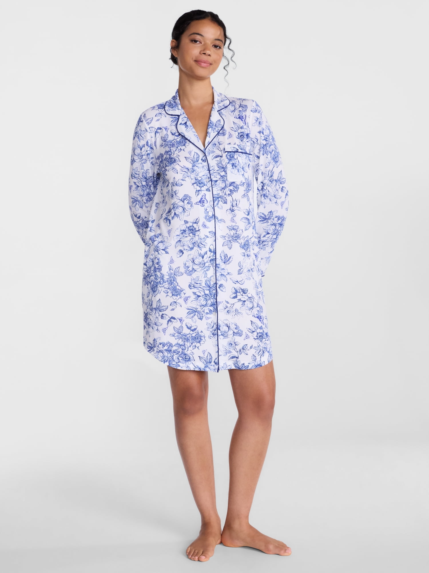 Joyspun Women's Dreamy Soft Collection Notch Collar Sleepshirt with Long Sleeves, Sizes XS-3X