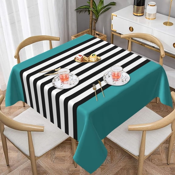 Square Tablecloth Black and White Stripes on Teal Table Cover Washable Table Cloths for Kitchen Dinning Party Tabletop Modern Decoration 52 x 52inch