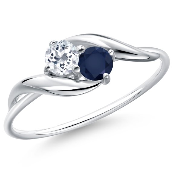 Gem Stone King 10K White Gold Round White Topaz and Blue Sapphire Ring for Women (0.44 Cttw, Round 3.5MM, Gemstone November Birthstone, Size 7)