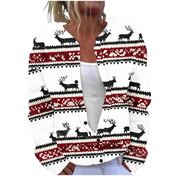 Dvprdro Women Christmas Print Sweaters Plus Size Button Down Cardigan Casual Long Sleeve Knit Sweater Coat Jackets for Women