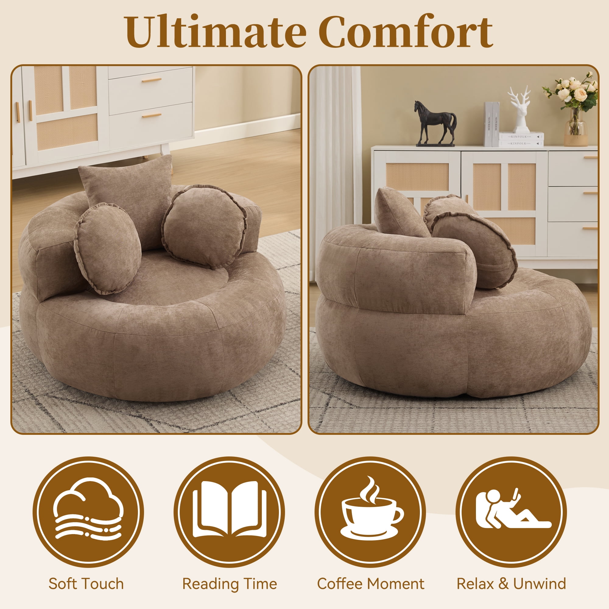 43'' Round Oversized Chaise Lounge Indoor Chair, No Assembly Chenille Compressed Circle Sofa Bed,Comfy Upholstered Sleeper Couch,Lazy Bean Bag Couch for Living Room, Bedroom,Brown