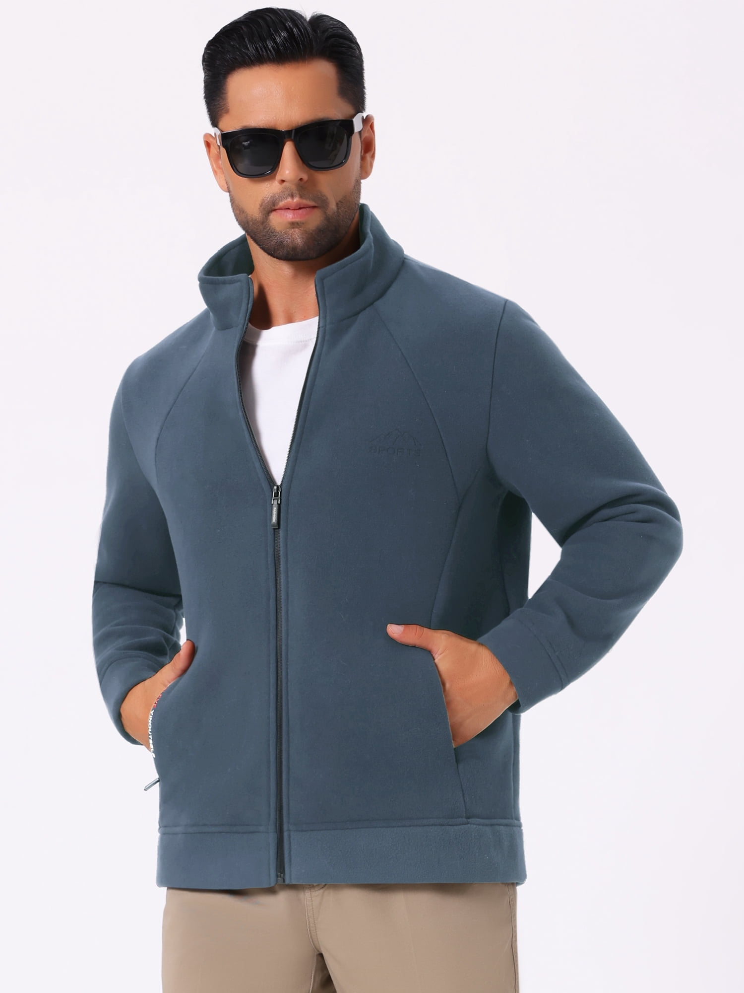 DARING DIVA Men's Winter Solid Stand Collar Zipper Soft Fleece Jacket L Gray