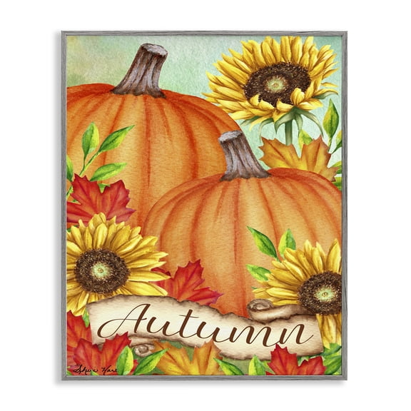 Stupell Industries French Country Pumpkins with Sunflowers Red Leaves Gray Framed Giclee Art, 16 x 20, by Sheri Hart