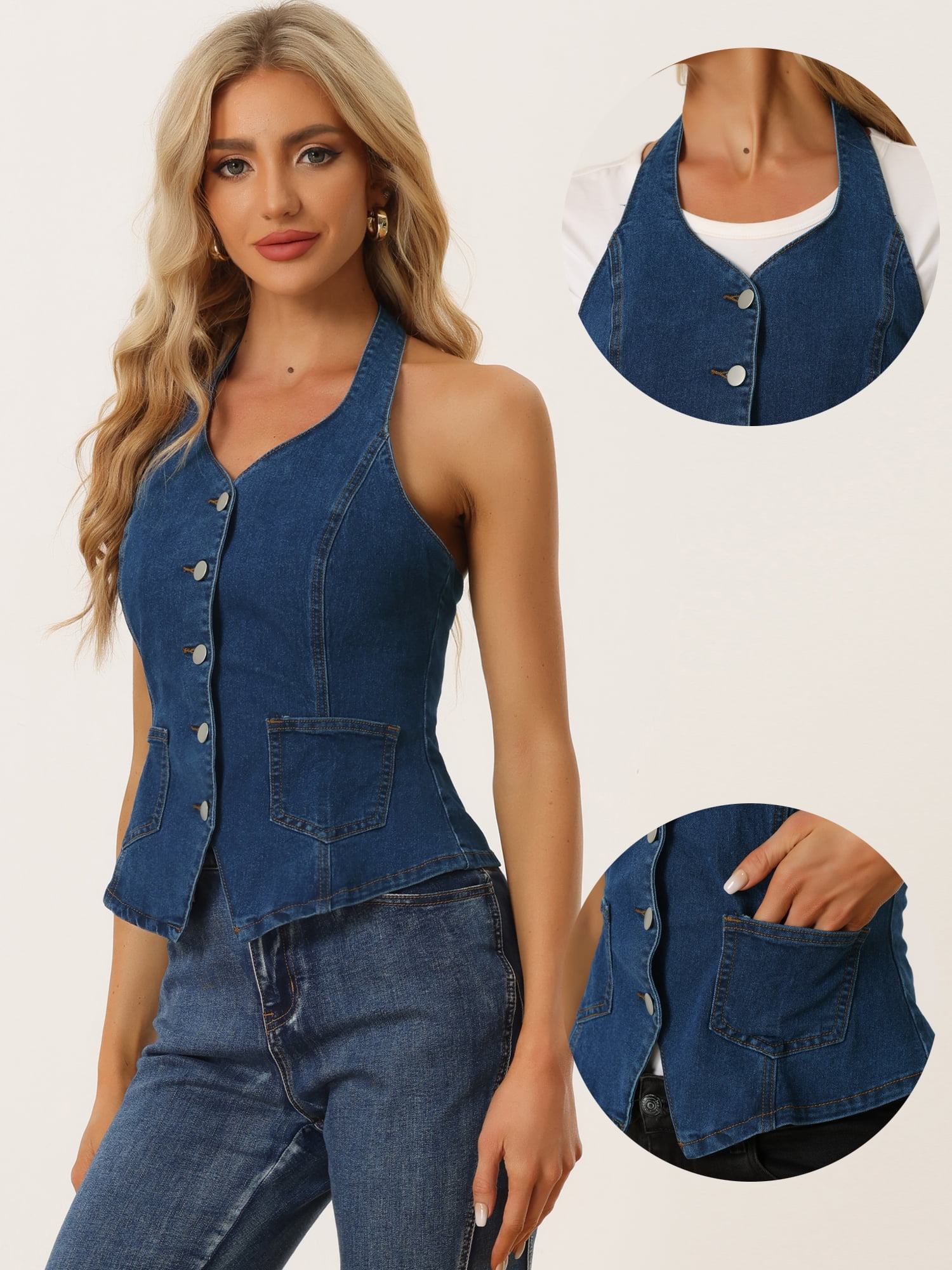 DARING DIVA Women's Halter Neck Button Down Backless Jean Waistcoat L Dark Blue
