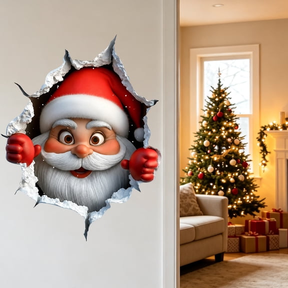 3D Christmas Creative Wall Sticker, Santa Claus Breaking Through Wall Design, Removable Christmas Decorations for Home
