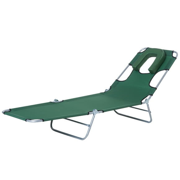 Outsunny Outdoor Lounge Chair, Adjustable Folding Chaise Lounge with Face Cavity, Tanning Chair Sun Lounger Bed Recliner, Green